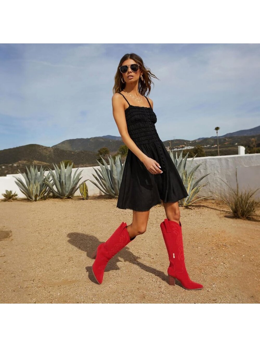 Women Red Suede Leather Pull-on Pointed Toe Chunky High Heel Embroidered Boot - Picture 3 of 6